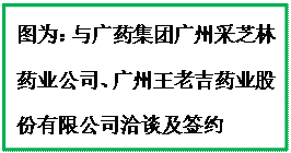文本框:图为:与广药集团广州采芝林药业公司、广州王老吉药业股份有限公司洽谈及签约